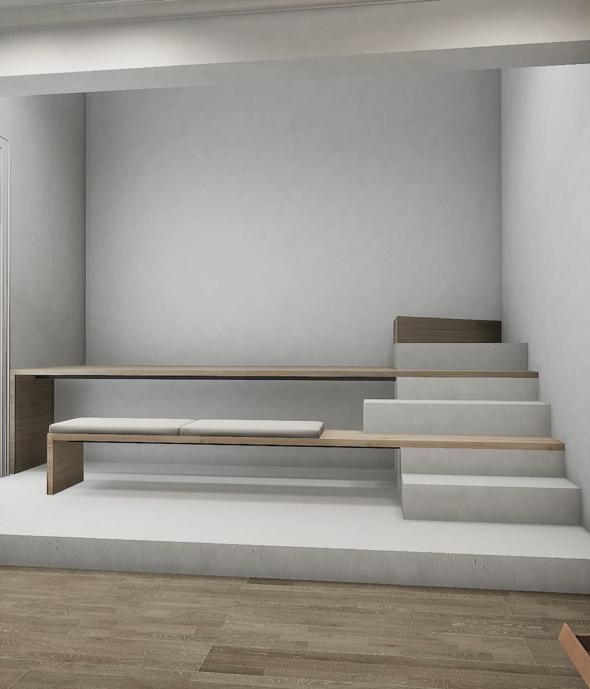 Level changes extend into a bench and desk