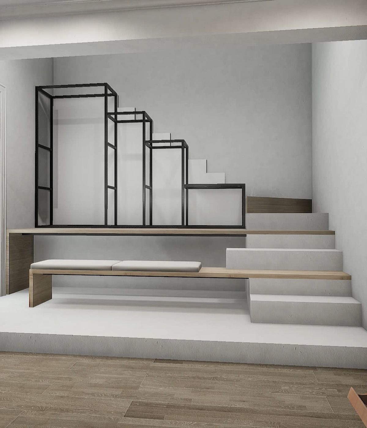 A welded square-tube frame supports the stair and reserves openings for cabinetry