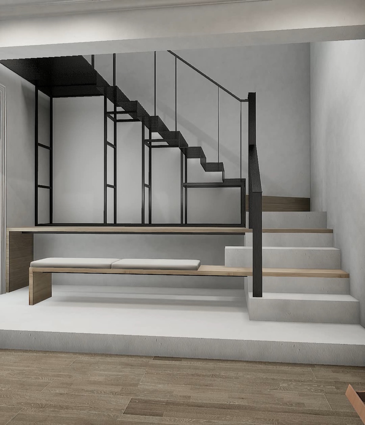 Folded steel-plate treads are installed over the square-tube frame