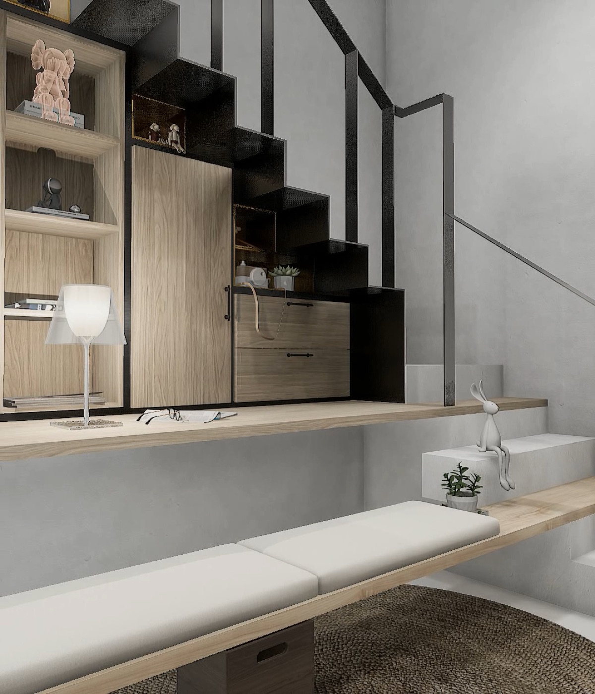 Custom cabinetry is inserted into the reserved steel frames and integrated with the stair