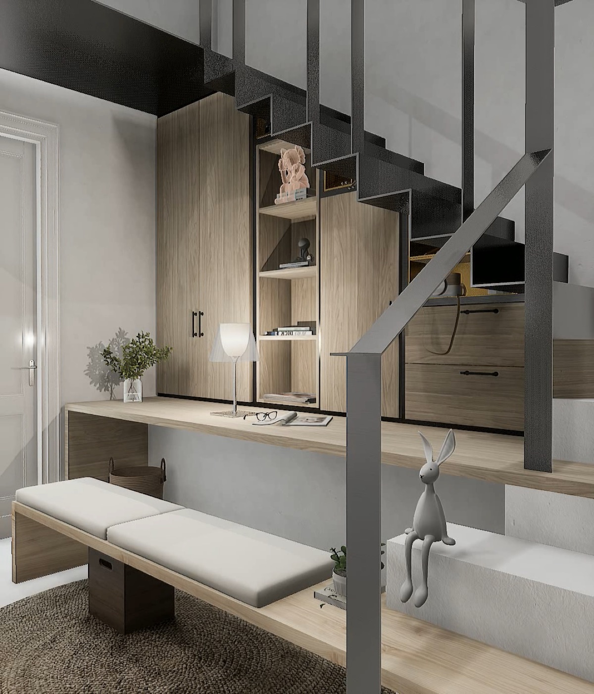 Bookshelves, cabinetry, desk and seating support reading and pause