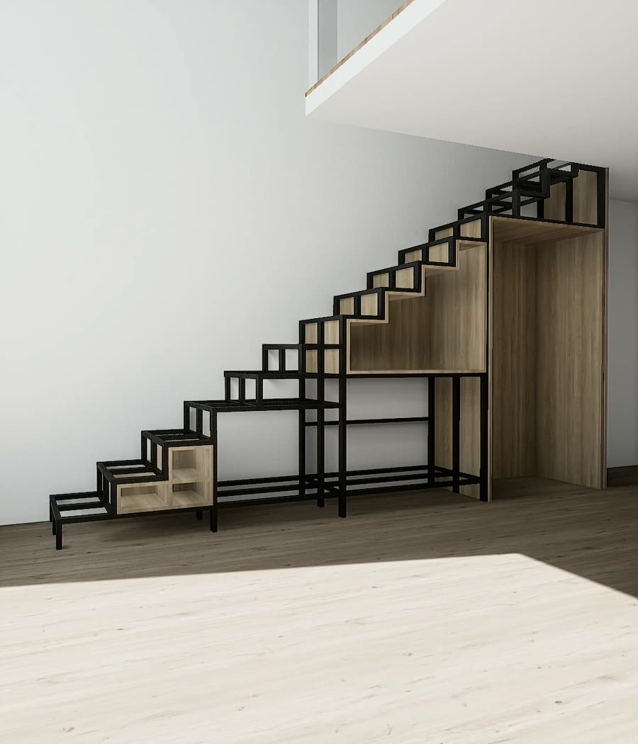 The frame reserves precise positions for drawers, doors, open storage and appliances