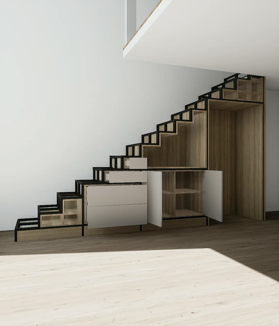 Custom cabinets fit cell by cell into the steel structure, forming a shared stair and kitchen framework