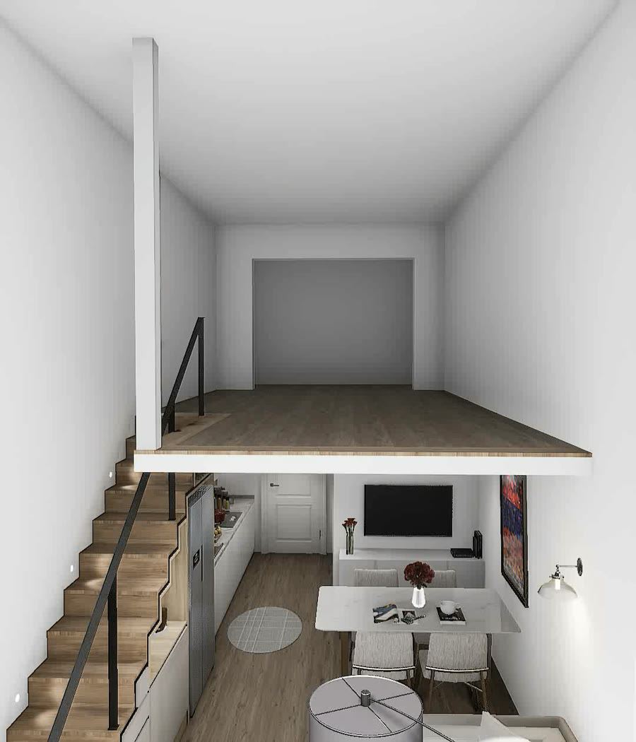 Initial upper deck: the limited floor area must support sleeping, work and relaxation