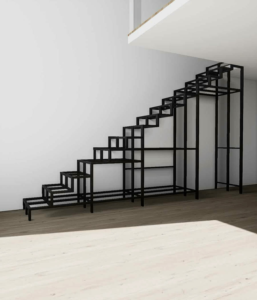 The steel-tube skeleton defines both the stair treads and the cabinet cells