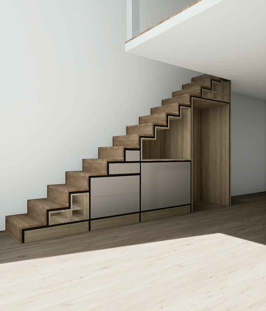 Timber treads complete the integration of steel frame, cabinetry and stair