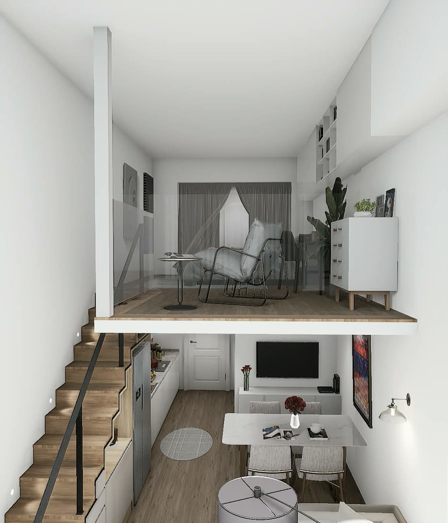 Bed, desk, lounge chair and low storage form a continuous upper living zone