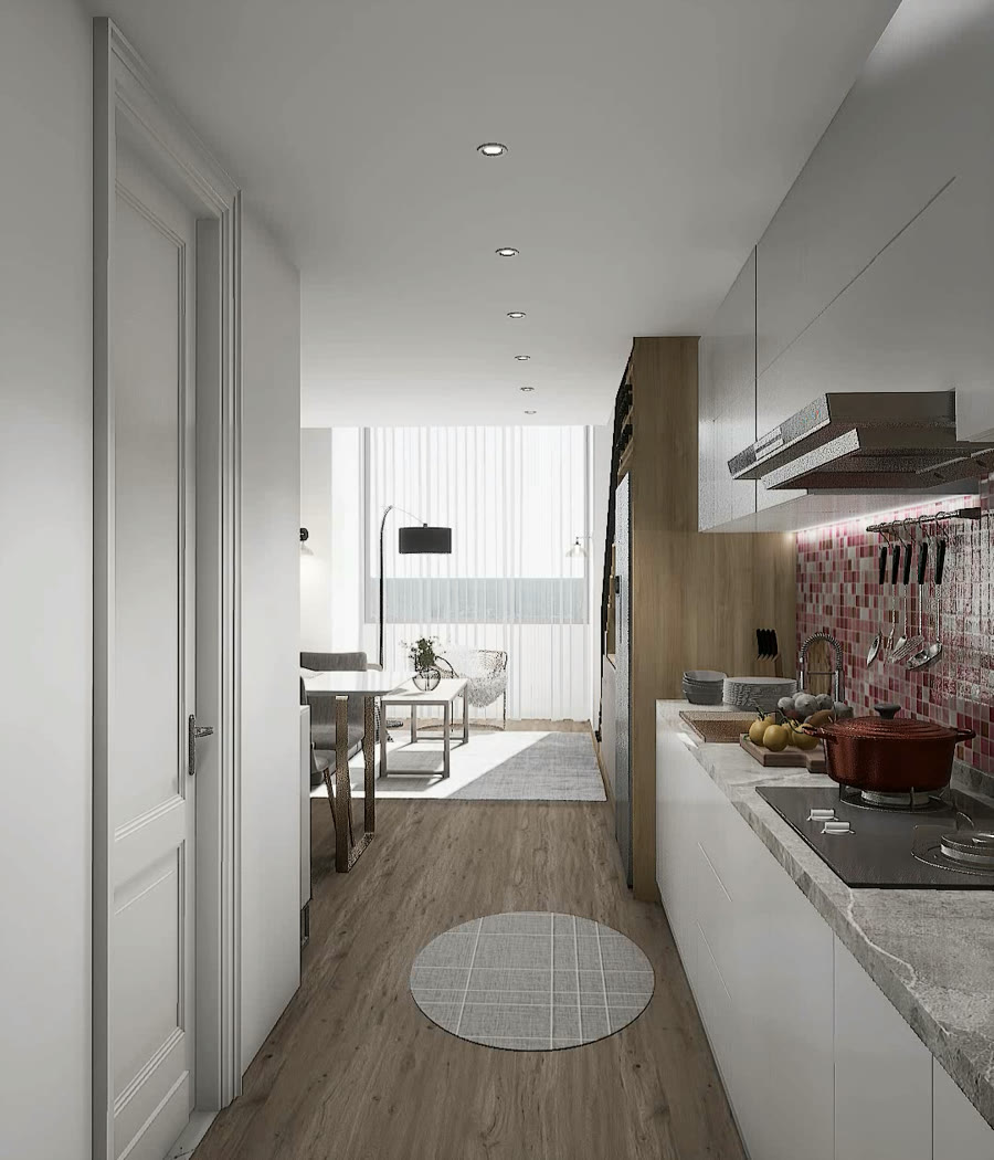 The kitchen and passage remain continuous instead of being compressed by the stair