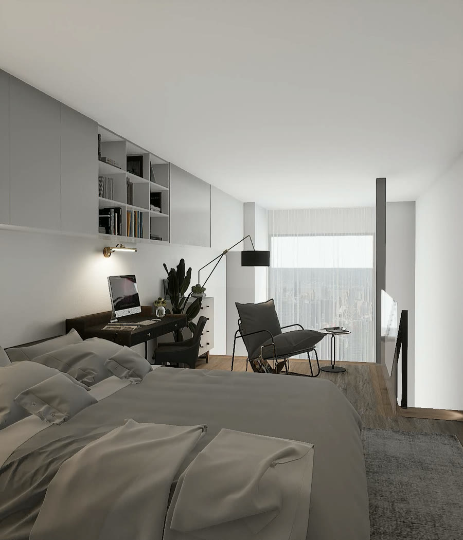Completed upper floor: bedroom, study and living functions unfold continuously along the daylight